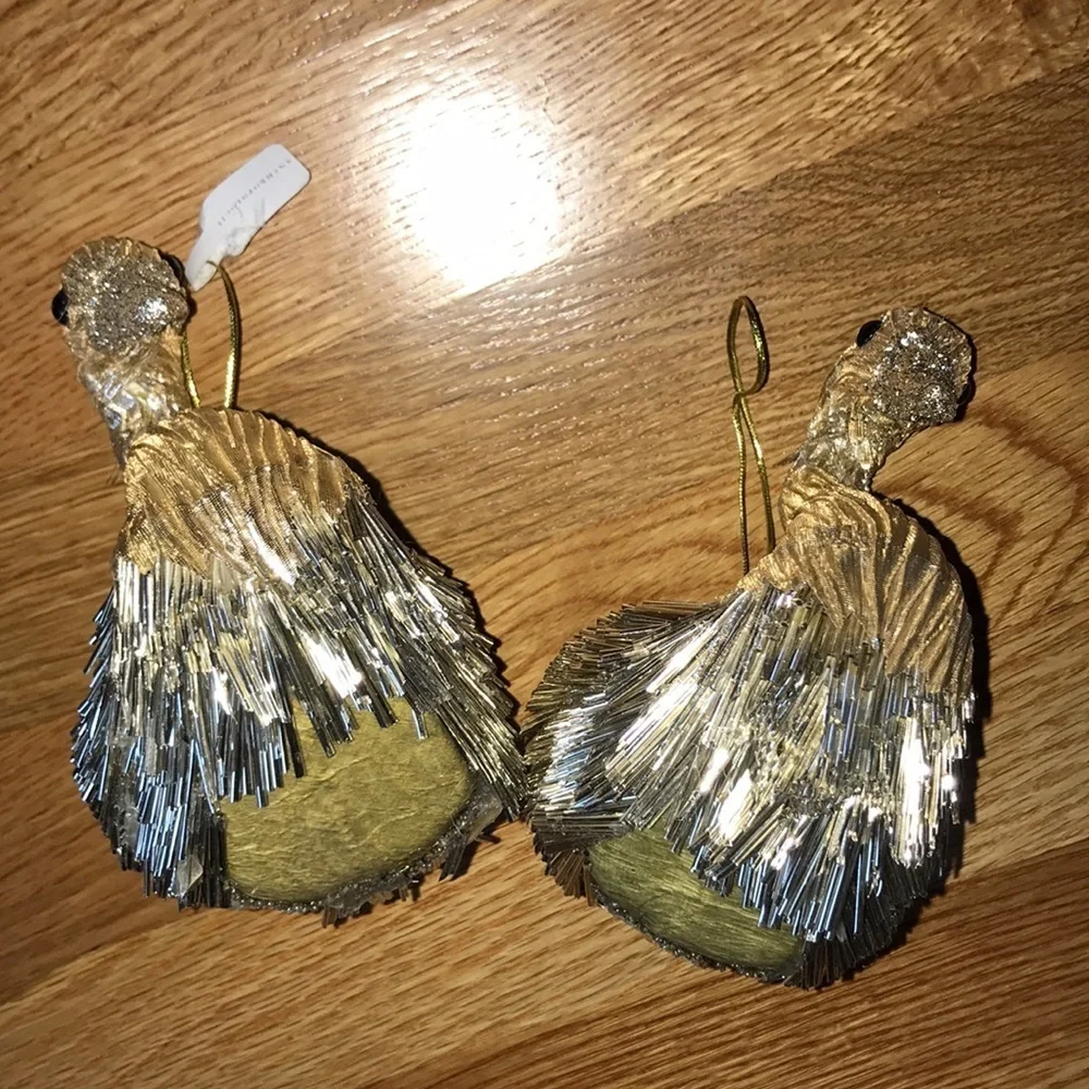 NWT Pair Anthropologie Gold Metallic Beaded Swan Ornaments